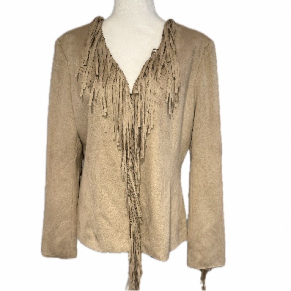 Solitaire Anthropologie,  NWT Tan Fringe Jacket faux suede, size L - Picture 2 of 4